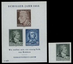Schiller-Block 1955 und Nr. 464 B, je mit dem Plattenfehler "II = ...
